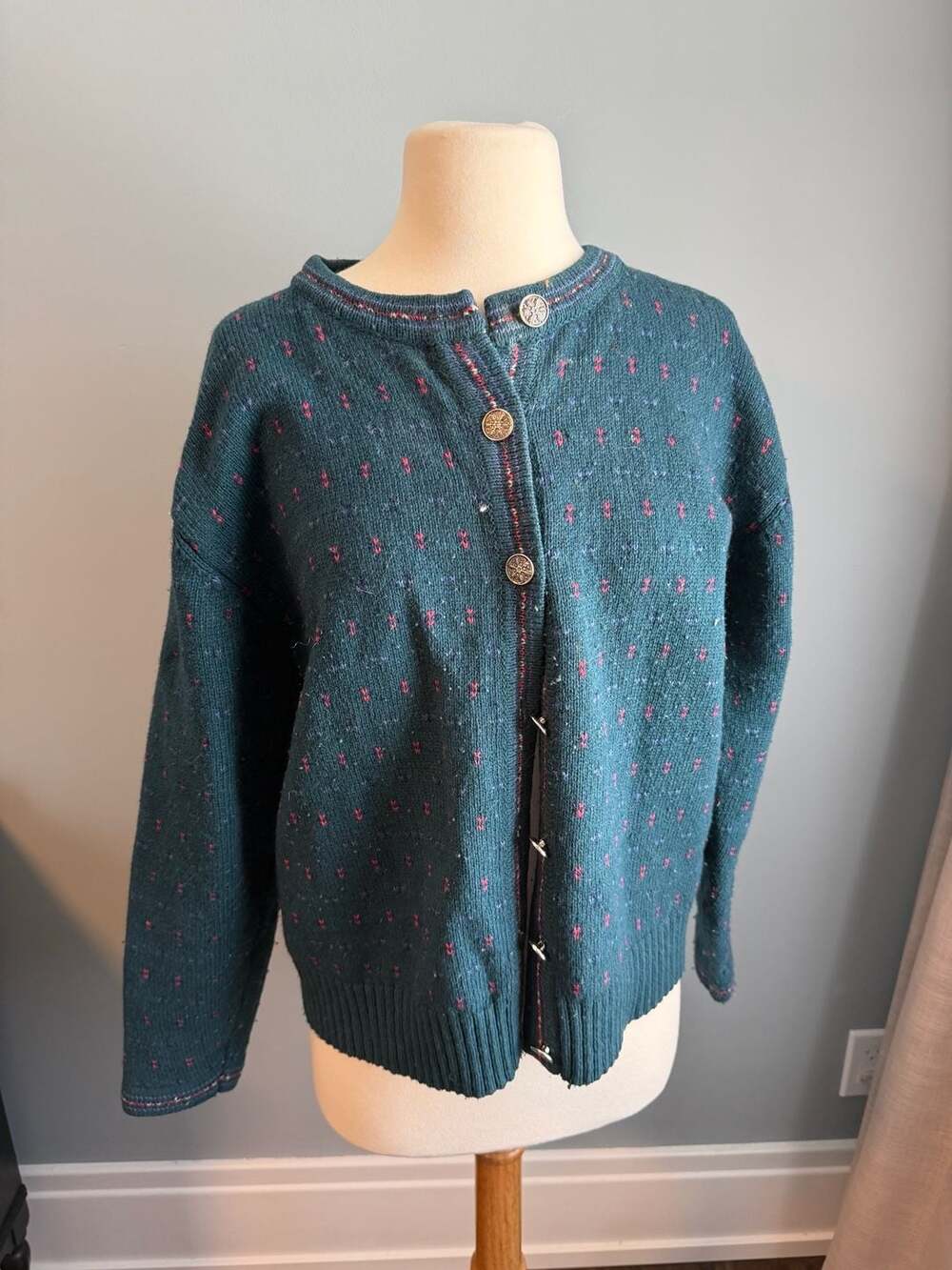 Eddie Bauer Vintage Wool Blend Cardigan Sweater Teal Green Fair Isle Metal Butto